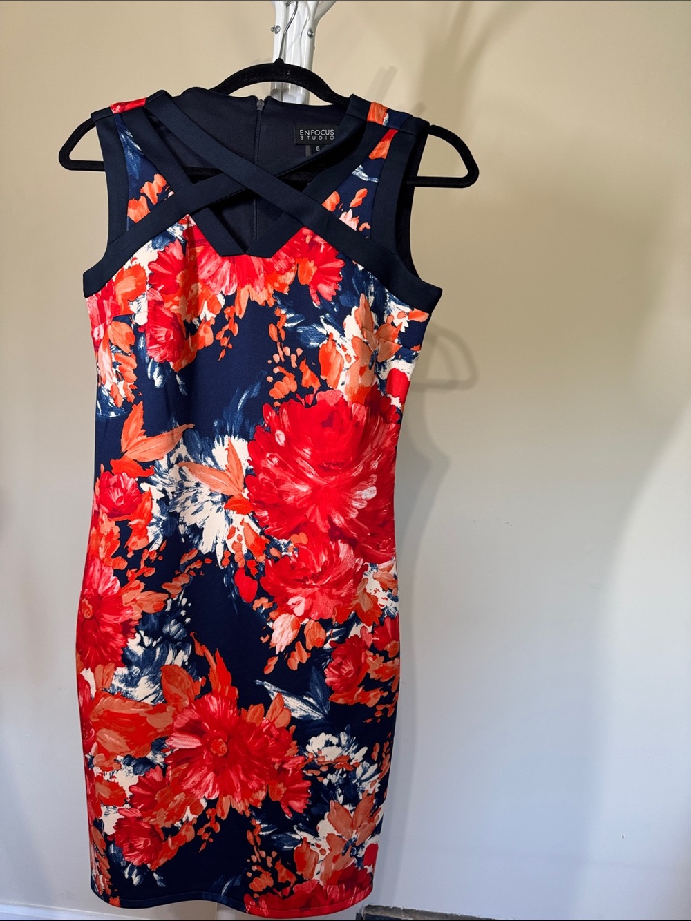Enfocus Studio Navy Midi Dress with Bright Red Floral Print